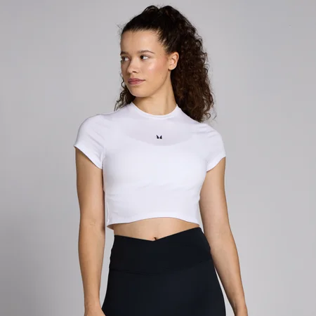 MP Damen Basics Körperbetontes Kurzarm-Crop-T-Shirt – Weiß