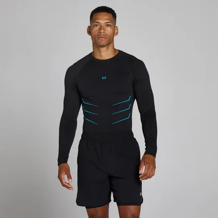 Lift nahtloses Langarm-Top in Muscle-Passform - Vintage-Schwarz/Power Blue