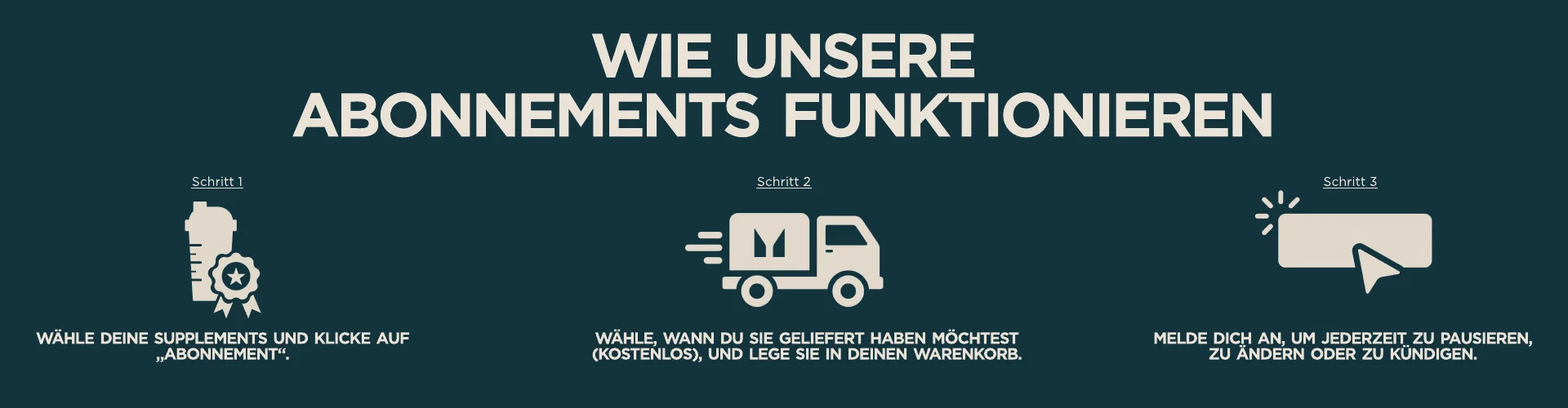 So funktionieren unsere Abos: Wähle deine Supplements aus und klicke auf „Abos“, entscheide, wann du sie kostenlos geliefert bekommen möchtest, und lege sie in deinen Warenkorb. Melde dich an, um jederzeit zu pausieren, zu ändern oder zu kündigen.